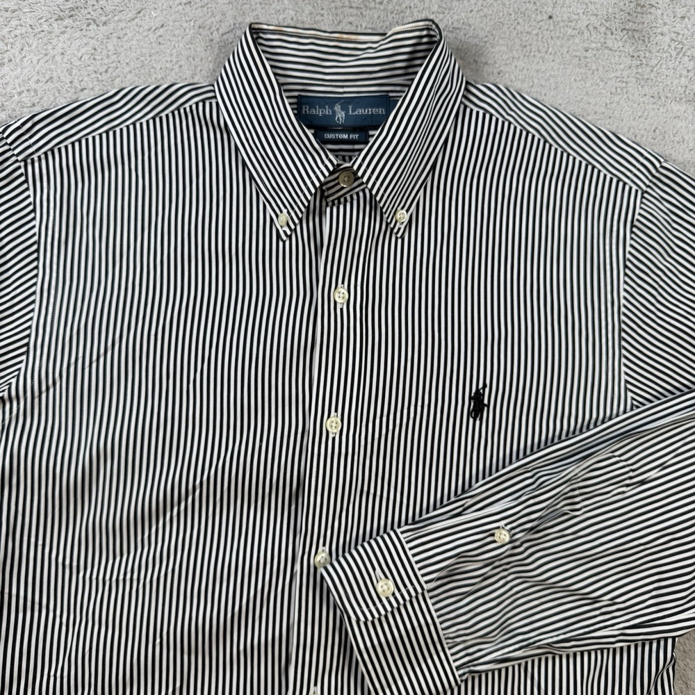Polo Ralph Lauren Shirt Mens Medium Black White Striped Custom Fit Button Pony